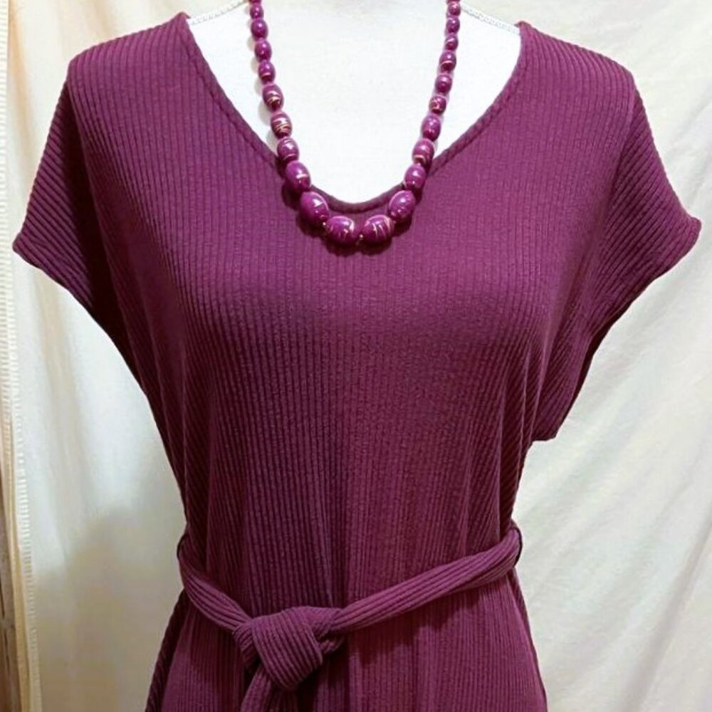 Old Navy Ribbed Sweater Dress ~ Plum ~ Short Sleeves ~ V Neck ~ Brushed
